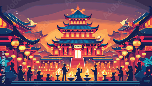 A majestic temple decorated for the Chinese New Year Lantern Festival, worshipers light incense, and fireworks light up the sky 