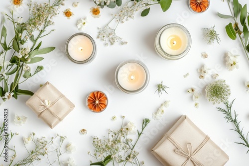 Elegant arrangement of candles and decorations on a white surface for a cozy atmosphere