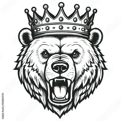 Bear wearing a crown, engraving style, vector illustration.