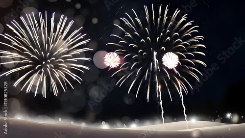 Bright Fireworks Display Lighting Up the Night Sky Over a Snowy Landscape with Sparkling Lights

 photo