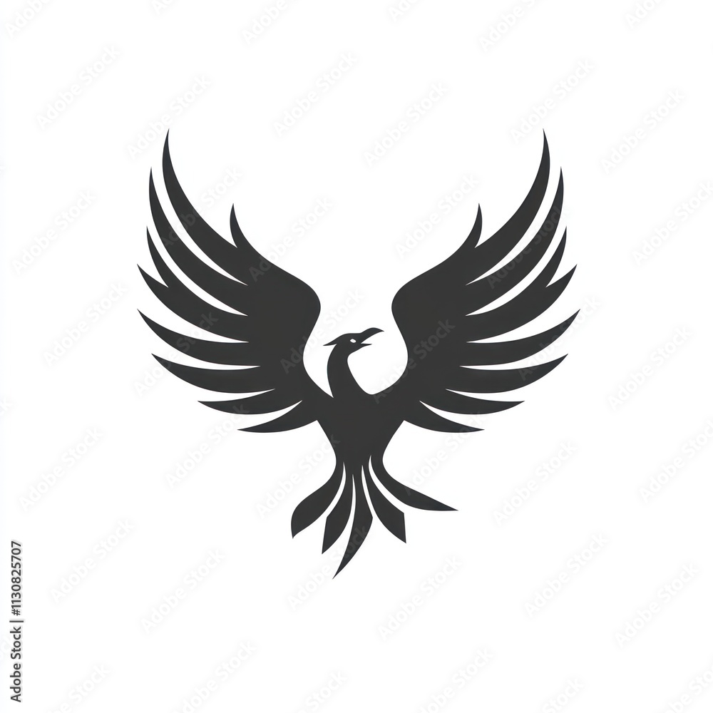 Fototapeta premium Stylized black silhouette of a phoenix bird with outstretched wings, soaring against a white background.