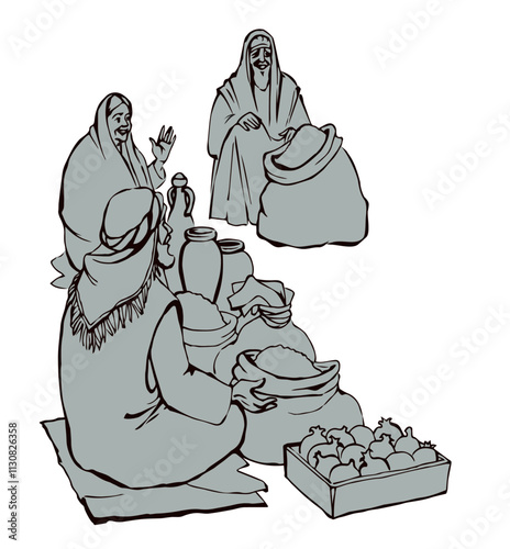 Ancient Jewish market. Vector drawing