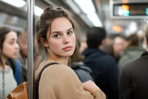 A young woman with a contemplative expression stands in a crowded subway, highlighting feelings of isolation amidst the hustle and bustle of urban life.