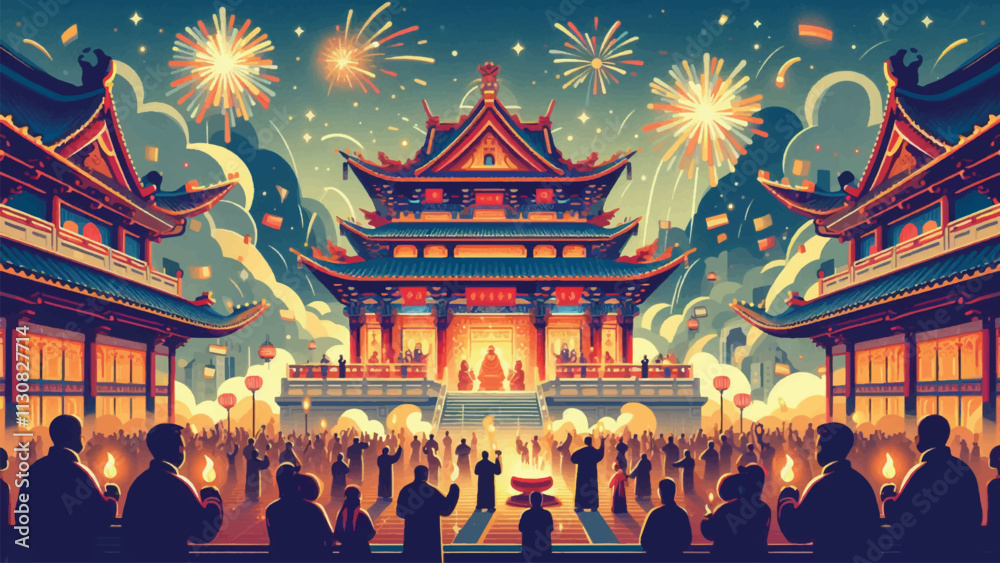 Fototapeta premium A majestic temple decorated for the Chinese New Year Lantern Festival, worshipers light incense, and fireworks light up the sky 