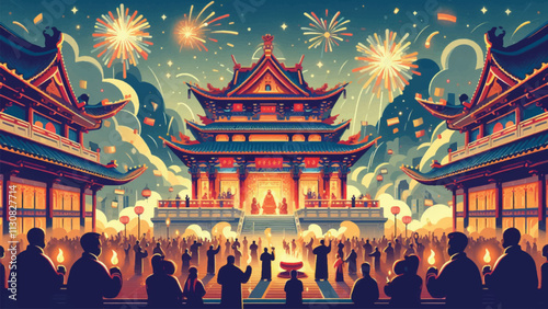 A majestic temple decorated for the Chinese New Year Lantern Festival, worshipers light incense, and fireworks light up the sky 