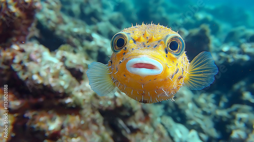 Close-up of giant pufferfish inflating underwater in a vibrant coral reef photo