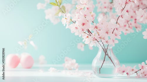 Delicate cherry blossoms fill a clear vase, creating a tranquil atmosphere in a softly lit spring setting