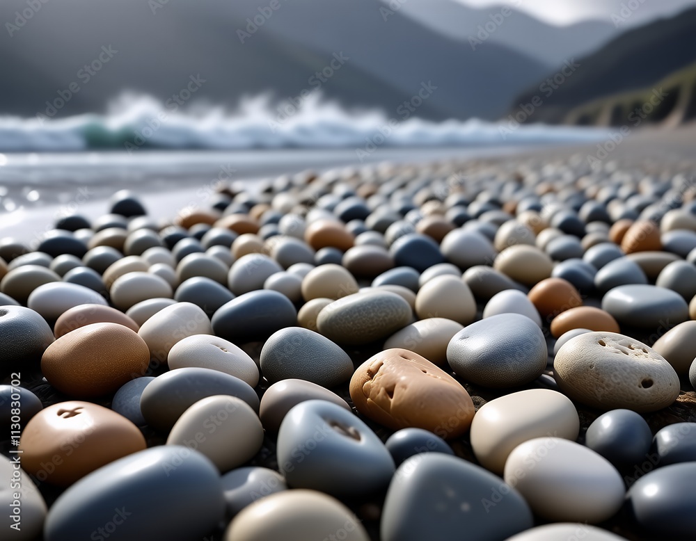 Obraz premium Smooth Beach Stones Ocean Waves Background Coastal Serenity