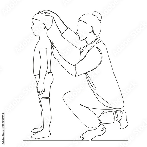 One continuous single drawing line art flat doodle osteopath corrects child's posture, posture, sports, curvature. Isolated image hand draw contour on a white background, hand drawn, not AI