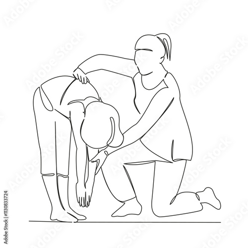 One continuous single drawing line art flat doodle osteopath doing gymnastics with a child, posture, sports, posture disorder. Isolated image hand draw contour on a white background, hand drawn, not A