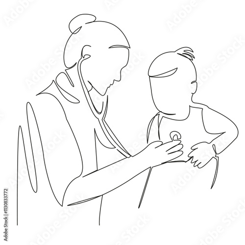 One continuous single drawing line art flat doodle child, doctor, listening, patient, stethoscope, person, indoor, care, hospital, female. Isolated image hand draw contour on a white background, hand 