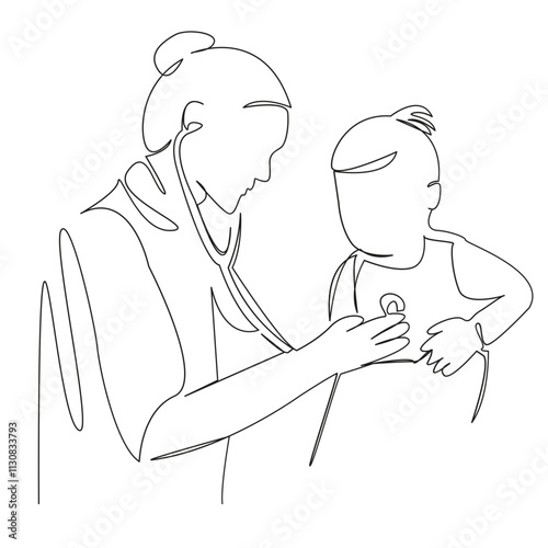 One continuous single drawing line art flat doodle child, doctor, listening, patient, stethoscope, person, indoor, care, hospital, female. Isolated image hand draw contour on a white background, hand 
