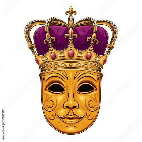 Carnival golden venetian face mask with imperial crown with red gemstones ruby, pearls, fleur de lis sign on points, purple velvet. Detailed illustration in vintage style. Front view.