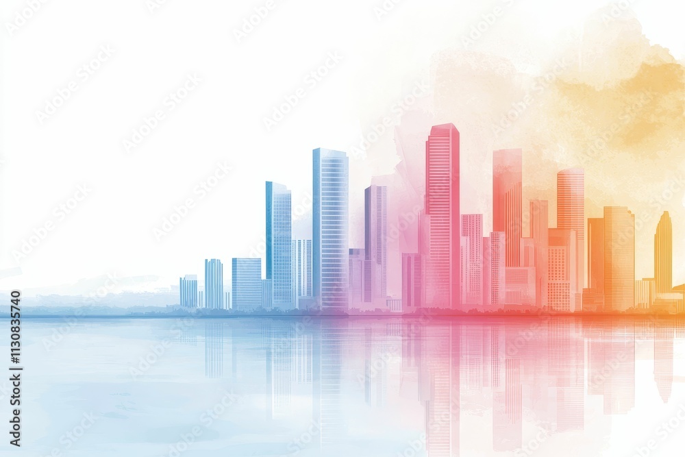 Fototapeta premium climate change weather mitigation concept, A modern city skyline reflected on water, depicted in soft colors of blue, pink, and orange, creating a serene and artistic atmosphere.