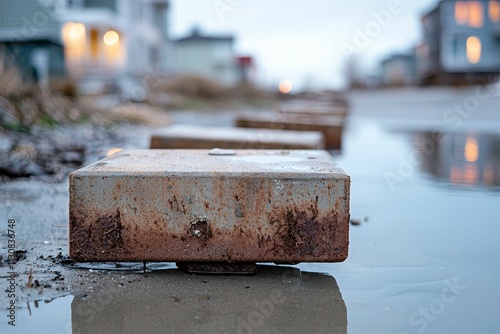 climate change weather mitigation concept, A close-up view of a rusty concrete block on a wet street, reflecting ambient light from nearby buildings, showcasing urban decay and a tranquil atmosphere.