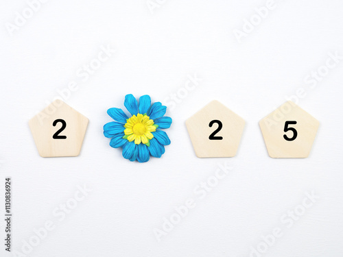 Happy New Year concept 2025. Top view, number 2025 on a wooden pentagon and blue flowers over a white background. Holidays, Celebrations, Planning for growth and success. Holiday background..