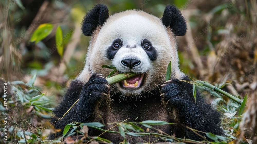 Fototapeta premium A Cute Panda Eating Bamboo in a Lush Forest