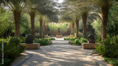 Cairo desert garden with date palms and sandstone sculptures, serene Egyptian retreat