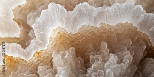 Macro detail of a scolecite needle geode, featuring a textured background. This close up showcases the raw, rough, and unpolished beauty of the semi precious gemstone scolecite. photo