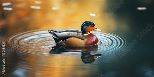 A red duck gracefully swims on the lake, creating gentle ripples on the water s surface as it moves, showcasing the beauty of nature and the serene ambiance of the lake environment. photo