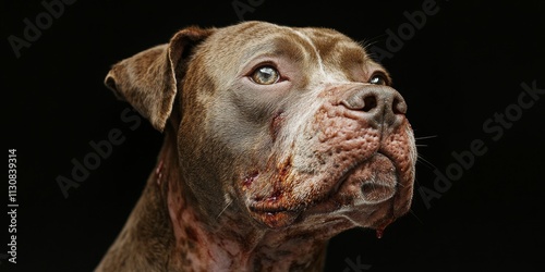 Young female Pit Bull dog affected by demodex mange, also known as wet mange. The image shows the wounds with dry blood and fluid, highlighting the condition of demodex mange on the skin. photo