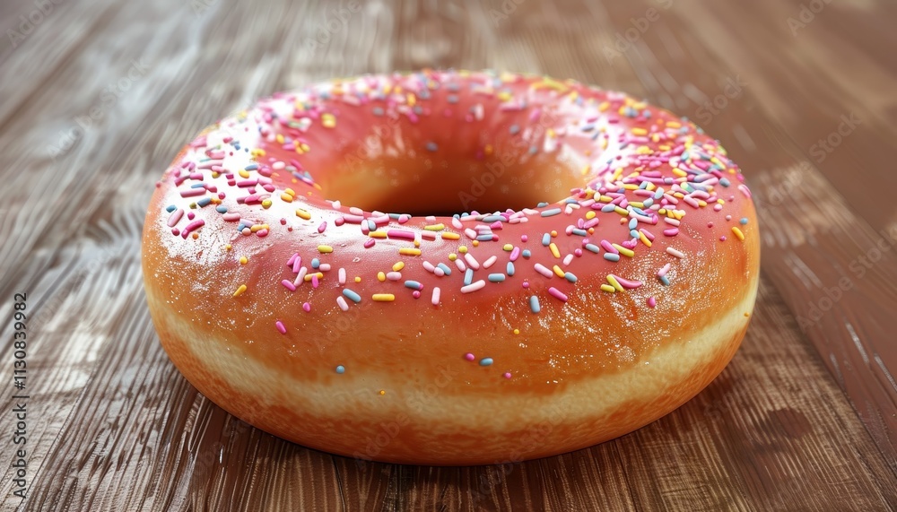 A single pink glazed donut with colorful sprinkles sits on a rustic wooden table. A single pink glazed donut with colorful sprinkles sits on a rustic wooden table.