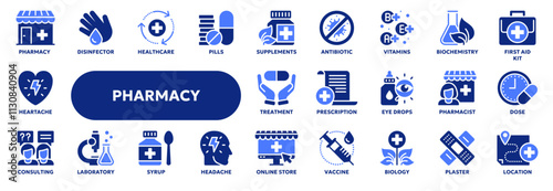 Set of vector solid icons related to pharmacy and medicine, first aid, medical pills and vaccine. Symbols for website or app ui, logo design, illustration