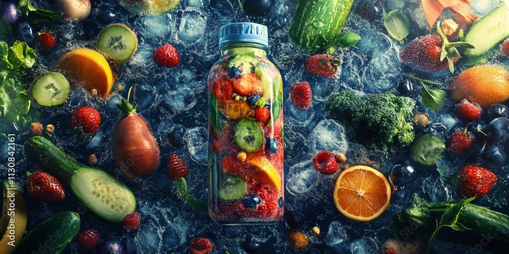 Fototapeta premium Refreshing vegetable and fruit smoothie inside a bottle, surrounded by ice and an assortment of vibrant fruits and vegetables, creating a delightful visual of a healthy lifestyle.