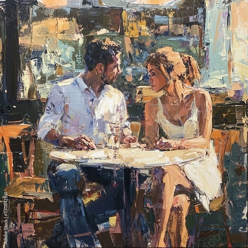 An intimate scene of a couple engaged in deep conversation over drinks in a cozy cafe.