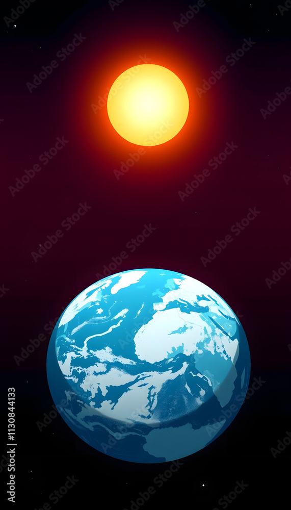Obraz premium World on space, rising Sun over Planet Earth. Vertical banner resolution. Realistic Planet Earth 3D rendering, flat design, with white tones