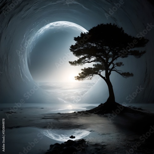 a tree on the beach with a moon 