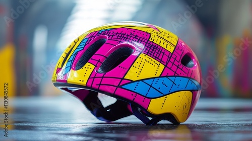 A striking bicycle helmet featuring bright colors and geometric patterns rests on a smooth surface, surrounded by colorful urban wall art in a dynamic location photo