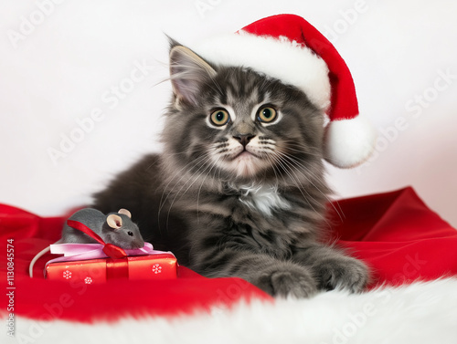 Cat and mouse celebrating christmas and xmas truce, giving each other presents, the cute tabby tomcat wears a santa claus hat and looks up while the rat opens his wrapped present or eats the ribbon