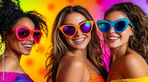 Three diverse women smiling brightly against a vibrant, colorful background, each wearing stylish oversized sunglasses.