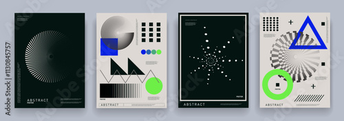 Set Abstract Futuristic Network Design with Dot, Circles, Triangle, Square in Black , White Color. Background Geometry 3D Cyberpunk Hi-tech for Social Media, Advertising, Banner, Poster, Card, Cover