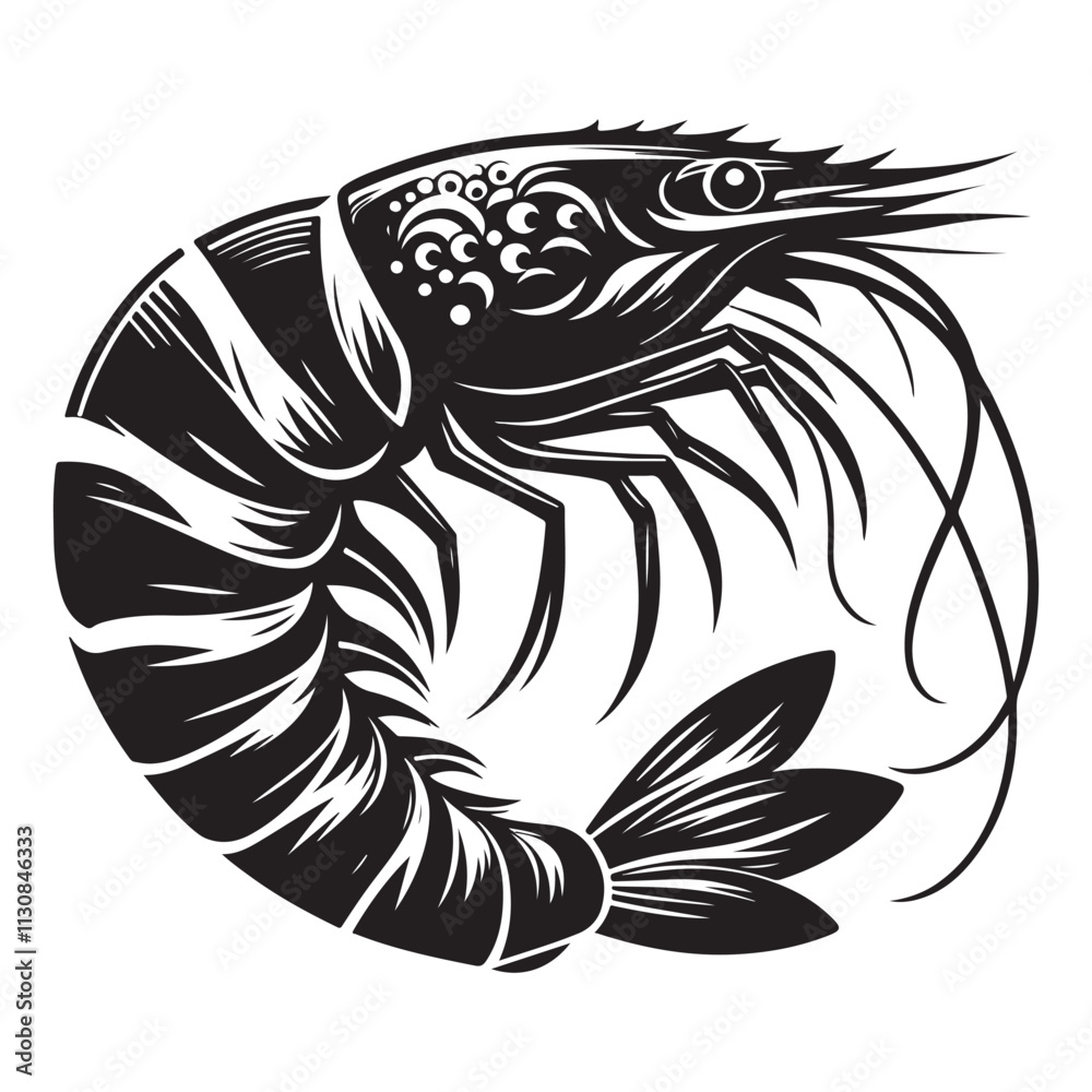 Fototapeta premium Black Shrimp Silhouette Minimalist crayfish vector shape