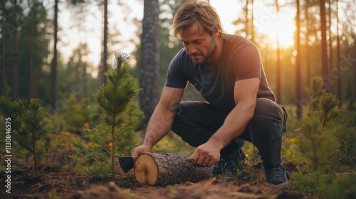 Man Chopping Wood in Sunlit Forest with Rustic Natural Ambiance for Outdoor or Sustainability Themes photo