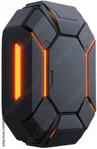 Futuristic gadget with glowing orange lines, power and mystery