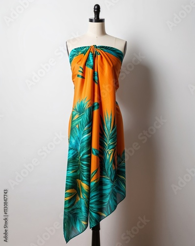 A tropical print polyester sarong display on plain white background	