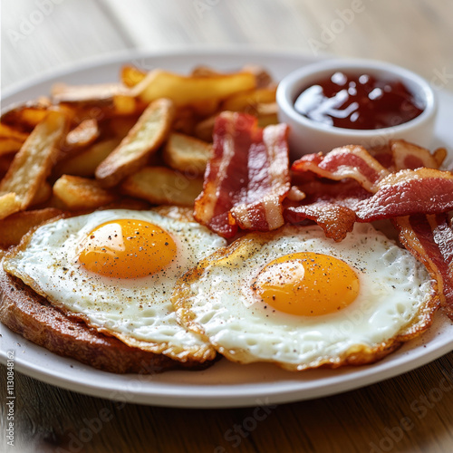 Delicious traditional breakfast featuring eggs, bacon, and crispy hash browns, served with ketchup for satisfying meal. Perfect for starting day! photo