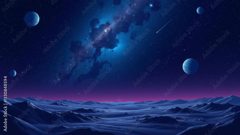 Obraz premium Galaxy background with planet stars, meteor, alien planet landscape with craters, comet flying in night sky vector cartoon illustration, galaxy, alien, space