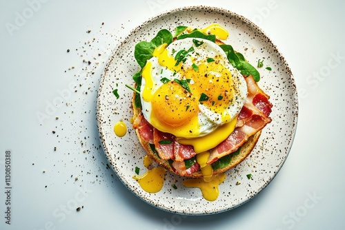 A delicious plate featuring crispy bacon, perfectly cooked eggs, and fresh greens on a toasted slice of bread, garnished with herbs and seasonings for a mouthwatering breakfast. photo