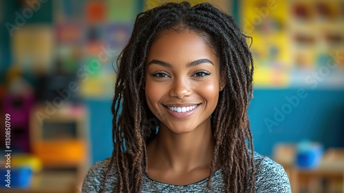A black woman smiles confidently as a teacher in a kindergarten classroom, representing support, child development, and a passion for education
