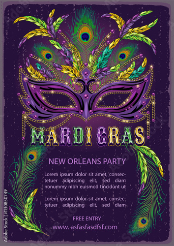 Vertical carnival advert poster with luxury mask, feathers, glossy text. A4 template with copy space for Mardi Gras carnival, party, events in vintage style. Textured vintage background