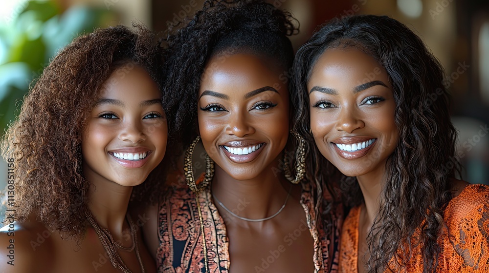Fototapeta premium A Black woman, a mom, and a girl smile and hug in a studio for Mother's Day appreciation and support