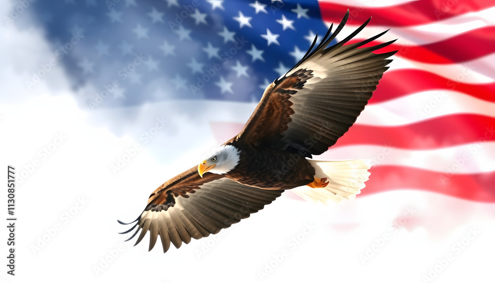 Fototapeta premium American focus eagle in flight with American flag watercolor, 8k, with white tones