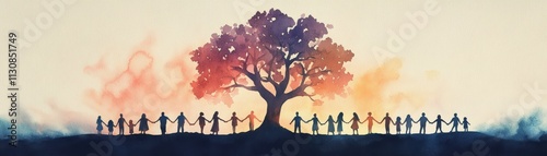 A vibrant watercolor silhouette of diverse people holding hands under a majestic tree, symbolizing unity and connection