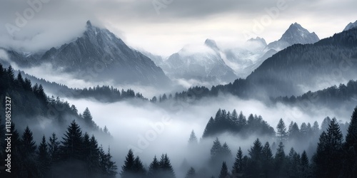 Mysterious thick fog envelops the majestic mountains, creating an enchanting atmosphere where the thick fog adds to the beauty of the landscape and the allure of nature s wonders. photo