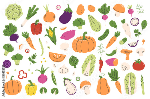 Vegetables set. Collection of vegetables in a flat cartoon style. Vector illustration.