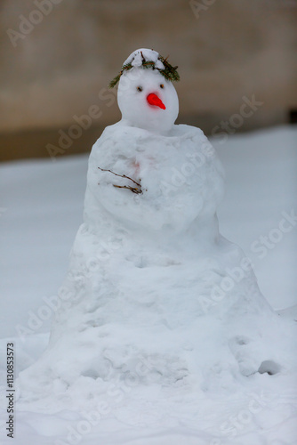 Snowman builded in backyard by child. Pine branches as hair, red carrot as his big nose and dry branches as hands